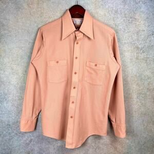 VTG 80s Van Heusen Button Up Shirt Sz L Tan VanKnit Plain Army Military